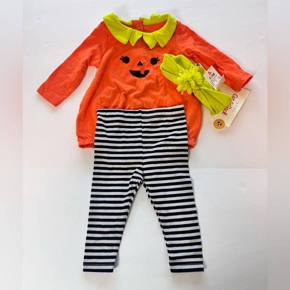 Cat & Jack Orange Pumpkin Onesie with Striped Leggings Headband Size 0-3 Months